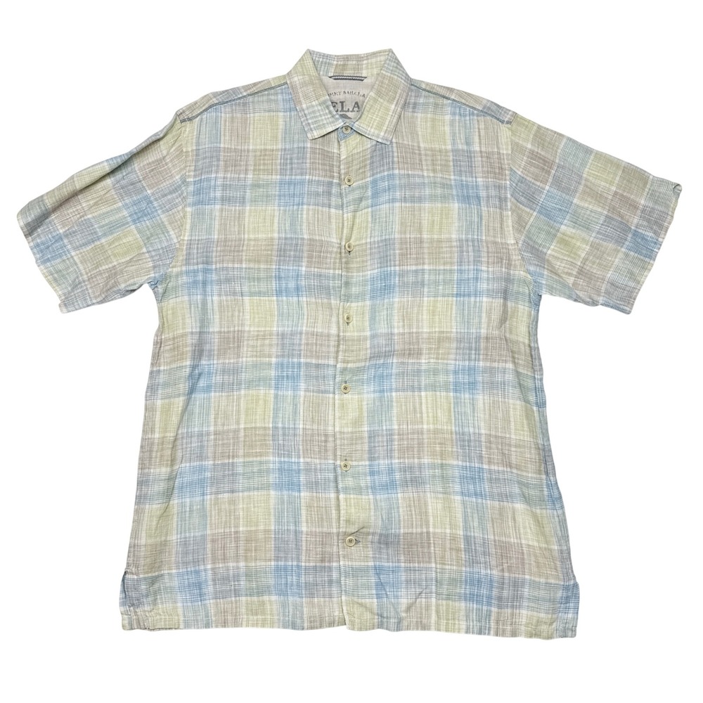 Tommy Bahama Shirt Mens Medium Multicolor Plaid Linen Short Sleeve Button Down